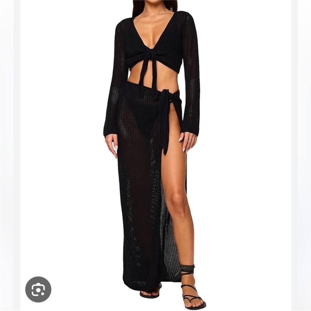 Lspace Los Platos top & Soliel sarong Black Swim Cover-Up crochet knit Set